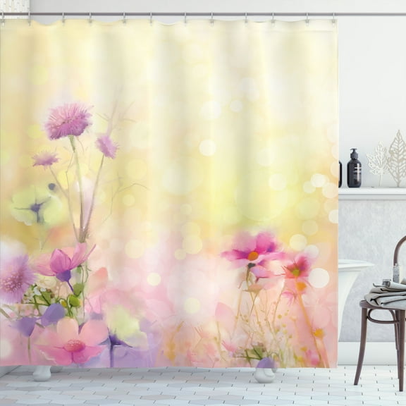 Flower Shower Curtain, Vintage Soft Colored Feminine Magnolia Blooms Whorls Motif Artwork Print, Fabric Bathroom Set with Hooks, 69W X 70L Inches, Pink Pale Yellow, by Ambesonne