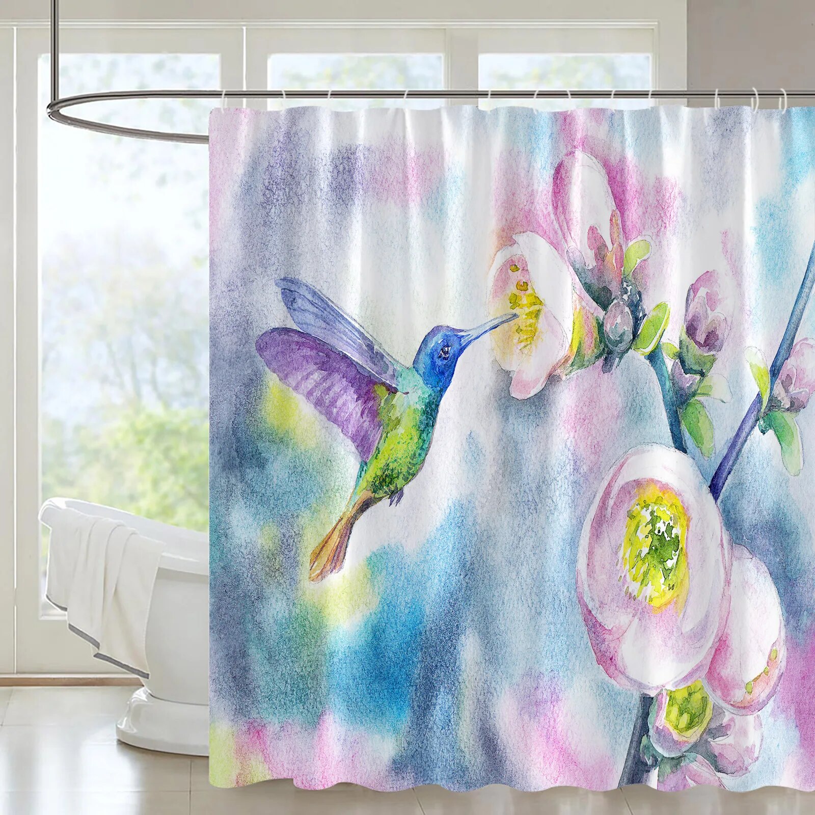 Daisy Fabric Shower Curtain With Attached Valance - Polyester, 70" X 72", Multi-Color 7 thumbnail image
