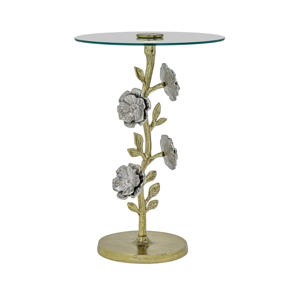Flower Side Table with Glass Top Decorative Sculptural End Table Aluminum Base Accent Table for Living Room 16x16x23.75"