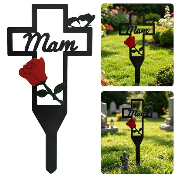 Flower Signboard, Memorial Plaques, Grave Markers For Cemetery For Humans, Metal Ground Stake With Miss You Script, Black/Red, 11.8x5.8 In