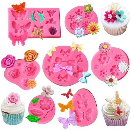 Flower Silicone Mold 7 Pack Rose Mold Flower Cake Fondant Mold Butterfly Mini Bow Mold for Cupcake, Chocolate Mini Muffins and Candy Making