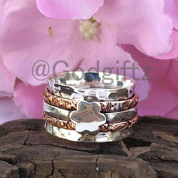 Flower Silver Spinner Band Anxiety Ring, Fidget Ring, Statement Ring Worry Ring, Flower Silver Ring, Sterling Spinner Ring, Meditation Ring