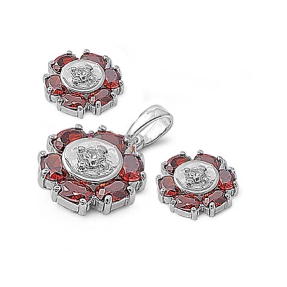 Flower Simulated Garnet Cubic Zirconia Matching Set Sterling Silver