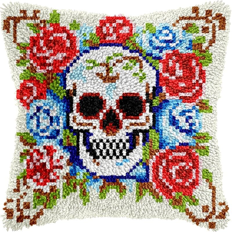 Flower Skull Latch Hook Pillow Kits Pillow Cover with Pattern Printed Canvas Sofa Hooking Pillowcase Cushion Crafts Embroidery Latch Hooking Crochet Starter Kits 17x17 inch(1)