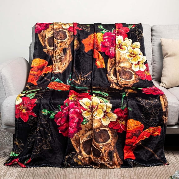 Flower Skull Throw Blanket Gothic Black Blanket Skeleton Blanket Witch Blanket for Skull Bedding Goth Bedding Haunted Mansion Couch Sofa Bed Chair Use, 40 x 50 Inch