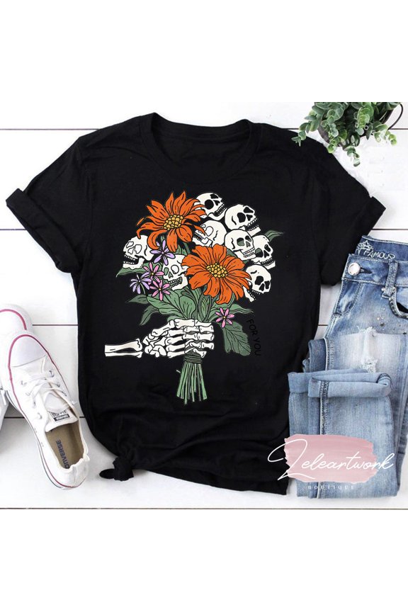 Flower Skulls For You Artistic Floral Skeleton Graphic Tee Retro Top,for unisex up to 5XL