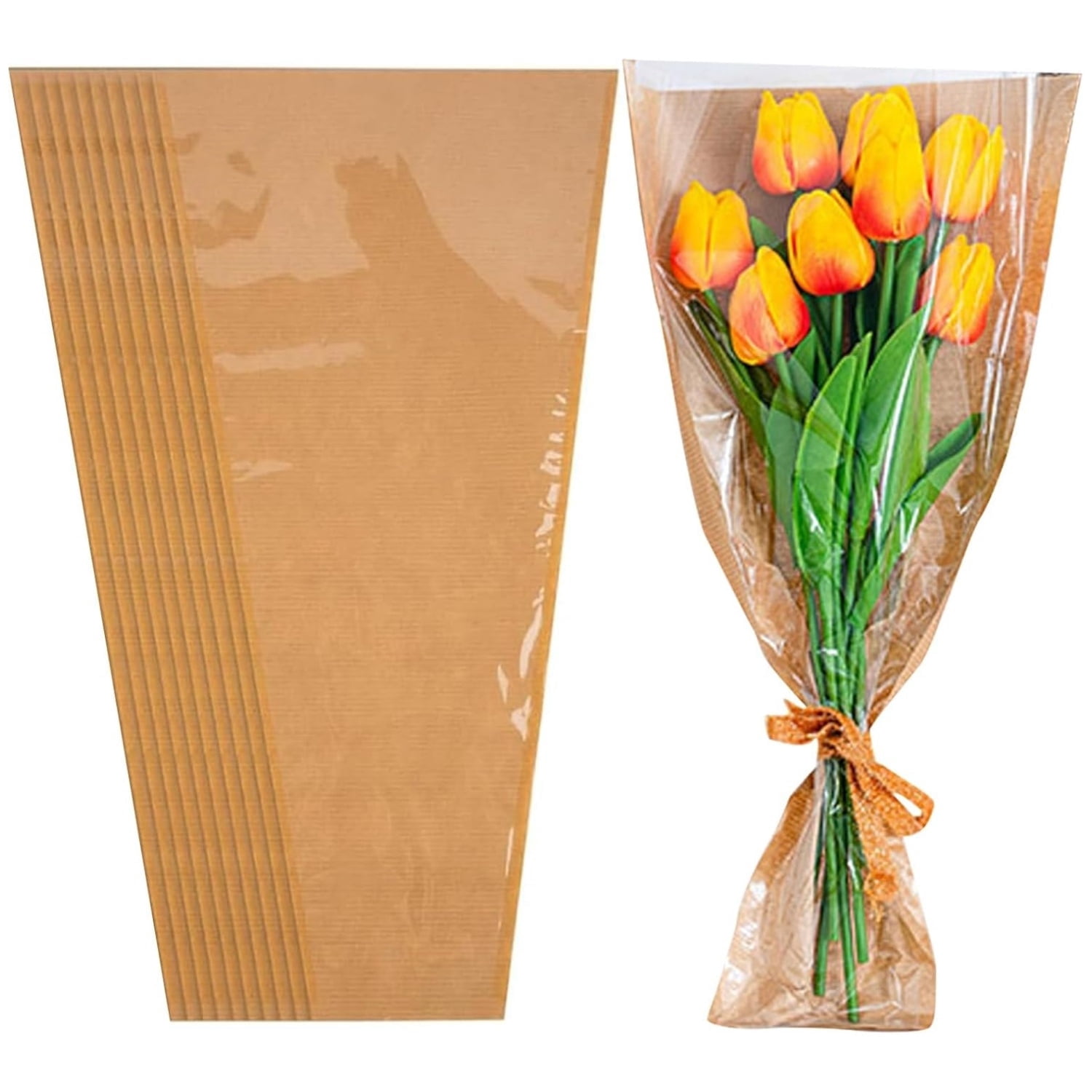 Flower Sleeves for Bouquets,Flower Bouquet Wrapping Paper,Flower Bouquet Packaging Bags Bulk,Floral Arrangement Supplies for Wedding Bridal Birthday Graduation Gift Wrapping,50 Pcs,Brown