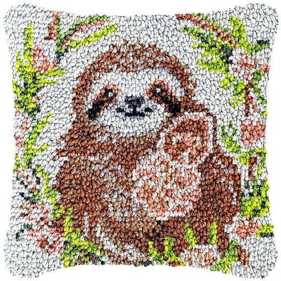 Flower Sloth Latch Hook Kits Pillow DIY Rug Cushion Making Kits with preprinted Pattern Canvas Instruction Yarns and Latch Hooking Pillow Cover Easy to Start DIY Home Decor Kits 43x43cm