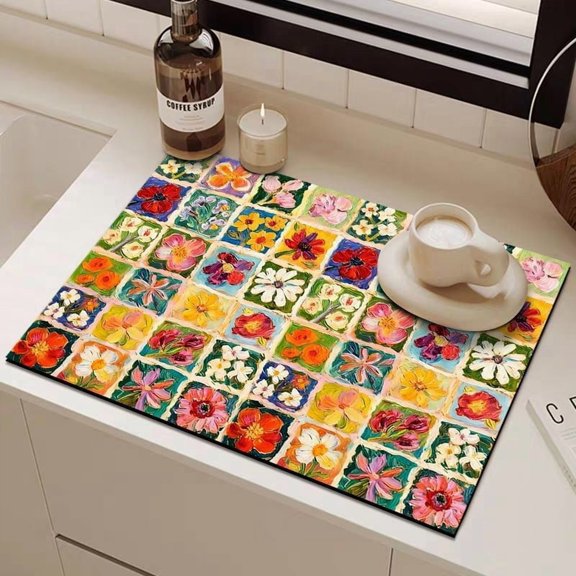 Flower Small Grid Diatom Mud Insulation Mat for Household Tableware - 30x40cm