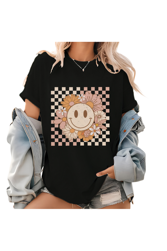 Flower Smiley Face Graphic Tees Trendy Vintage Print T Shirts Checkered Happy Face Pattern Tops for Daily Outfits Black,3XL