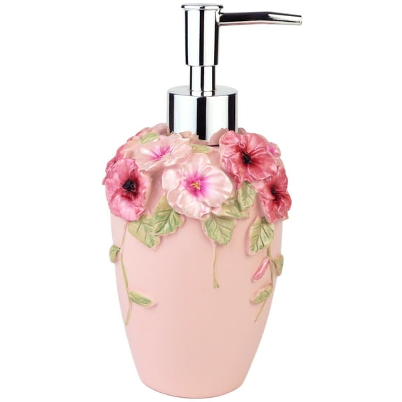 Flower Soap Dispenser with Luxury Vintage Decorative - Resin - Colorful Painted by Hand Lotion Dispenser for Bathroom, Kitchen Counter, Beauty Shop, Hotel (10 oz/300 ml, Pink)