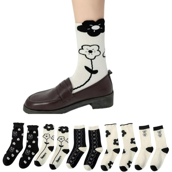 Flower Socks Women 5 Pairs Cute Retro Preppy High Ankle Cotton Sock Stripe Plaid Bow Socks