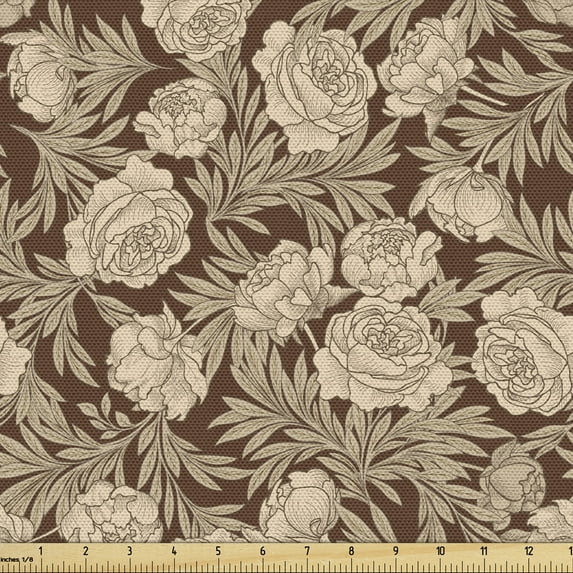 Ambesonne Flower Fabric by the Yard Upholstery, Blooming Romantic Rose, 1 Yard, Brown Beige
