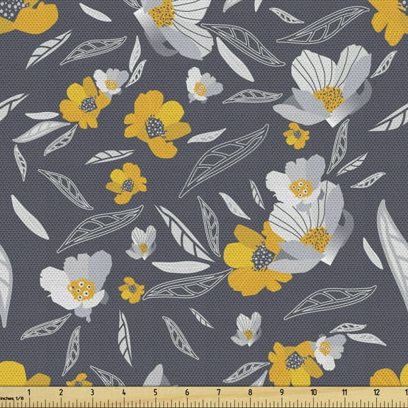Ambesonne Flower Fabric by the Yard Upholstery, Botanical Leafy Ornaments, 1 Yard, Earth Yellow Pale Grey