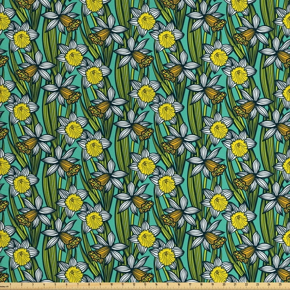 Flower Sofa Upholstery Fabric by the Yard, Cartoonish Pattern with Daffodil Branches, Decorative Fabric for DIY and Home Accents, Forest Green Multicolor by Ambesonne