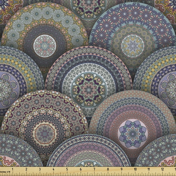 Flower Sofa Upholstery Fabric by the Yard, Circular Artwork Mehendi Blossoms Tranquillity Eastern Society Floral Mosaic Diagram, Decorative Fabric for DIY and Home Accents, Multicolor by Ambesonne