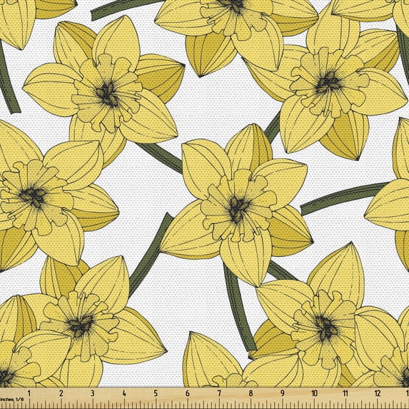 Flower Sofa Upholstery Fabric by the Yard, Continuous Petals with Pointy Ends Nostalgic Floral Composition on Plain Backdrop, Decorative Fabric for DIY and Home Accents, White Mustard by Ambesonne