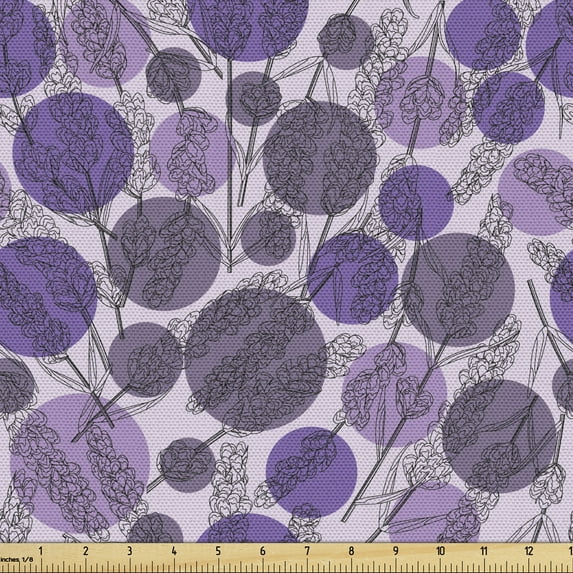 Ambesonne Flower Fabric by the Yard Upholstery, Lavender Branches and Rounds, 3 Yards, Mauve Blue Violet