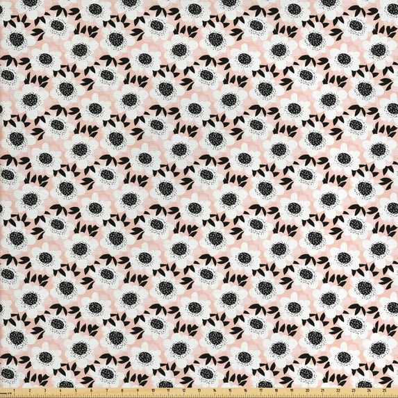Flower Sofa Upholstery Fabric by the Yard, Floral Pattern with Soft Pastel Toned Florets Graphic Motif Print, Decorative Fabric for DIY and Home Accents, Pale Pink White Black by Ambesonne