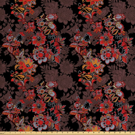 Ambesonne Flower Fabric by the Yard Upholstery, Japanese Vivid Florals, 2 Yards, Black Orange Mustard