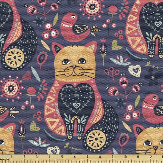 Ambesonne Flower Fabric by the Yard Upholstery, Doodle Cat Funky Boho Floral, 10 Yards, Dark Indigo Multicolor