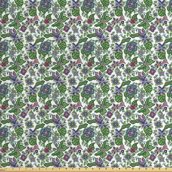 Ambesonne Flower Fabric by the Yard Upholstery, Ornate Colorful Flora, 5 Yards, Multicolor