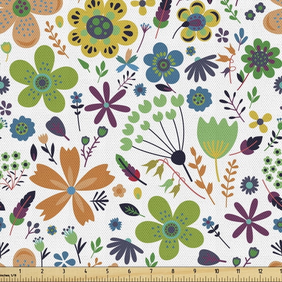 Ambesonne Flower Fabric by the Yard Upholstery, Pointed Petals Floral Art, 1 Yard, White Multicolor