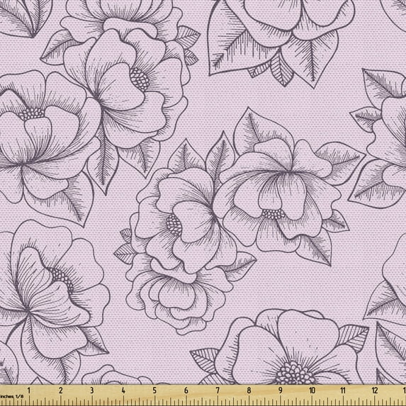 Flower Sofa Upholstery Fabric by the Yard, Vintage Design Outline Floral Pattern Feminine Spring Love Graphic, Decorative Fabric for DIY & Home Accents, 3 Yards, Pale Pink Eggplant by Ambesonne