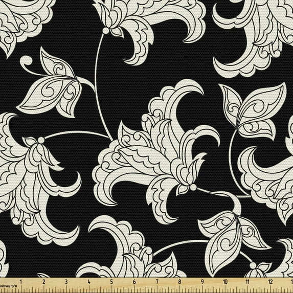 Ambesonne Flower Fabric by the Yard Upholstery, Vintage Style Blossom Design, 2 Yards, Black and Ivory