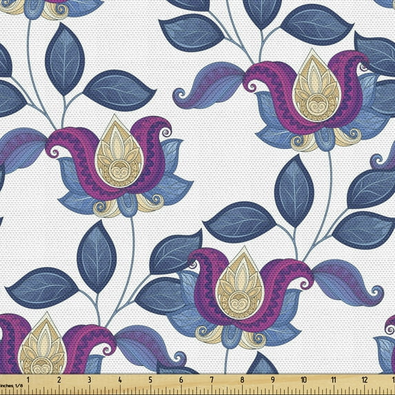 Ambesonne Flower Fabric by the Yard Upholstery, Vibrant Vintage Shabby, 1 Yard, Blue Violet Grey