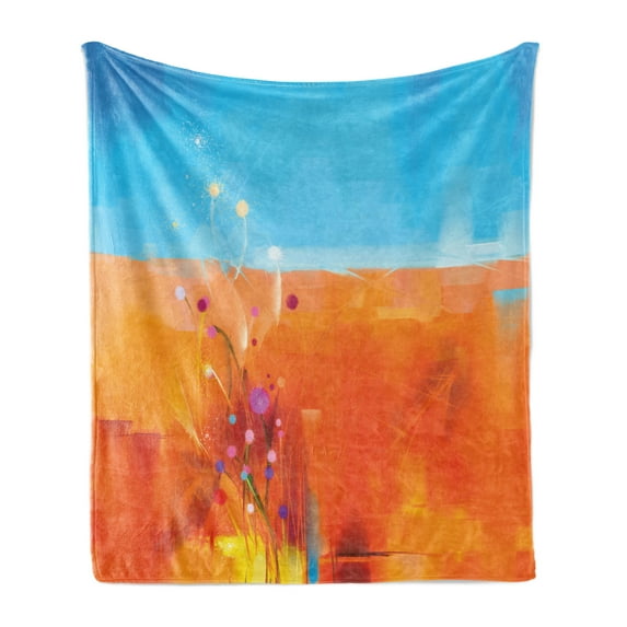 Flower Soft Flannel Fleece Blanket, Abstract Meadows Under Blue Sky Nature Themed Artwork Beauty Floral Illustration, Cozy Plush for Indoor and Outdoor Use, 60" x 80", Orange Purple, by Ambesonne