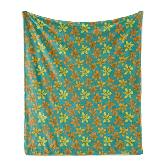 Flower Soft Flannel Fleece Blanket, Botanical Theme Lilies Pattern in Floral Design Orange Yellow Tones, Cozy Plush for Indoor and Outdoor Use, 50" x 60", Dark Seafoam and Multicolor, by Ambesonne