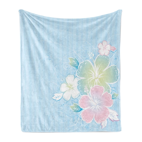 Flower Soft Flannel Fleece Blanket, Bouquet of Hibiscus Flowers on Vertical Striped Background Soft Color Print, Cozy Plush for Indoor and Outdoor Use, 50" x 60", Pale Blue Pale Pink, by Ambesonne