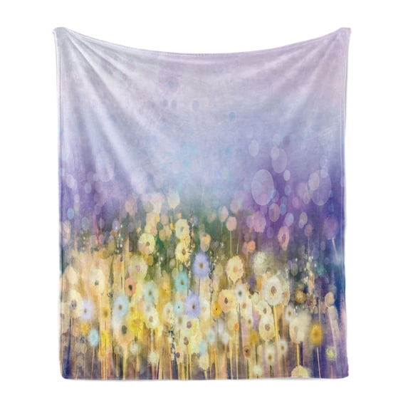 Flower Soft Flannel Fleece Blanket, Chamomile and Dandelion Field Meadow Landscape in Contrasting Colors Idyllic View, Cozy Plush for Indoor and Outdoor Use, 70" x 90", Yellow Purple, by Ambesonne