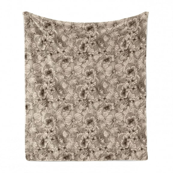 Flower Soft Flannel Fleece Blanket, Classic Retro Blooms Line Art Style Shabby Feminine Old Fashioned Lace Petals, Cozy Plush for Indoor and Outdoor Use, 60" x 80", Champagne Brown, by Ambesonne