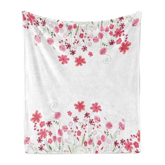 Flower Soft Flannel Fleece Blanket, Detailed Contour Herbs and Blossoms Bridal Style Pure Simplistic Floral Theme, Cozy Plush for Indoor and Outdoor Use, 50" x 70", Pink Green White, by Ambesonne