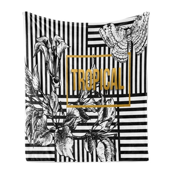 Flower Soft Flannel Fleece Blanket, Exotic Petals with Tropic Butterfly over Minimalist Striped Background, Cozy Plush for Indoor and Outdoor Use, 50" x 70", Black White Pale Coffee, by Ambesonne