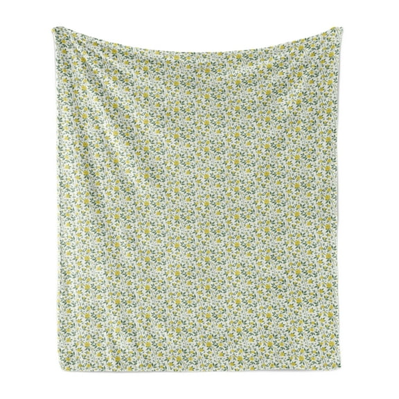Flower Soft Flannel Fleece Blanket, Flourishing Country Flowers Pattern with Wild Daisy Stalks Summer Flora, Cozy Plush for Indoor and Outdoor Use, 60" x 80", Green Yellow and Cream, by Ambesonne