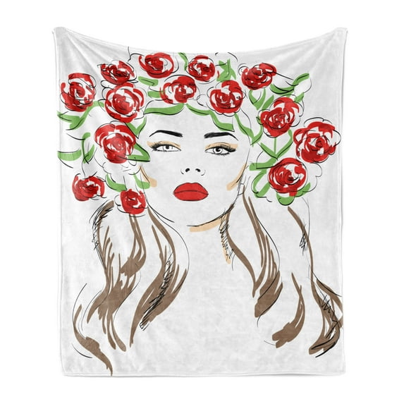 Flower Soft Flannel Fleece Blanket, Hand Drawn Lady with Roses on Her Hair Floral Ornamentals Natural Artwork Theme, Cozy Plush for Indoor and Outdoor Use, 50" x 70", Green Red Tan, by Ambesonne