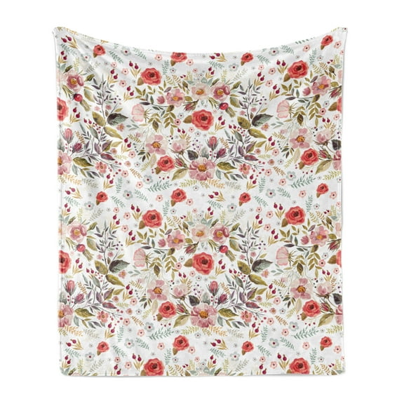 Flower Soft Flannel Fleece Blanket, Hand Drawn Romantic Flowers and Leaves Spring Season Blossoms Garden Vintage Style, Cozy Plush for Indoor and Outdoor Use, 50" x 60", Multicolor, by Ambesonne
