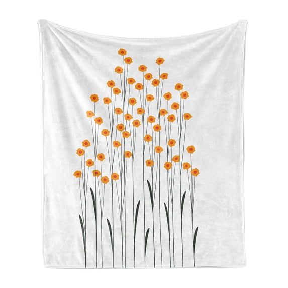 Flower Soft Flannel Fleece Blanket, Hand Drawn Style Yellow Daisies Like Flowers with Black Lines and Leaves Print, Cozy Plush for Indoor and Outdoor Use, 50" x 60", Yellow and Black, by Ambesonne