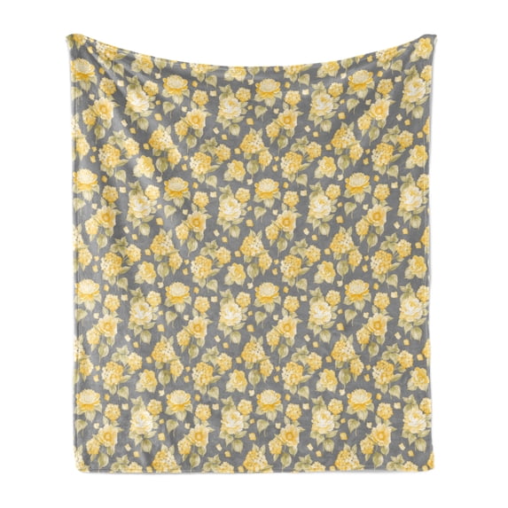Flower Soft Flannel Fleece Blanket, Hydrangea Chrysanthemum Hortensia Pattern Countryside Old Style Illustration, Cozy Plush for Indoor and Outdoor Use, 50" x 70", Yellow Grey Green, by Ambesonne