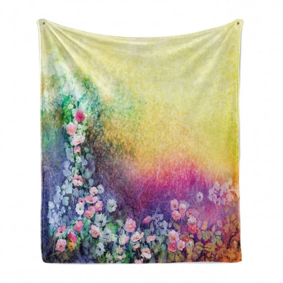 Flower Soft Flannel Fleece Blanket, Ivy Floral Beauty in Spring Blooming Nature Soft Calm Paradise Print, Cozy Plush for Indoor and Outdoor Use, 60" x 80", Purple Yellow Multicolor, by Ambesonne
