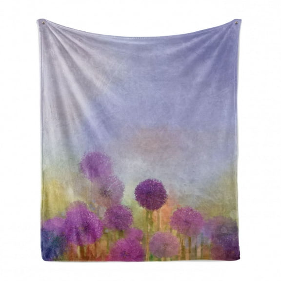 Flower Soft Flannel Fleece Blanket, Onion in Meadow Pastoral Scenery at Springtime Birth of Nature Themed Illustration, Cozy Plush for Indoor and Outdoor Use, 70" x 90", Purple Blue, by Ambesonne