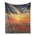 thumbnail image 1 of Flower Soft Flannel Fleece Blanket, Poppy Field Sunset Sky Evening View Golden Yellow Sun Rays Dark Clouds Graphic Art, Cozy Plush for Indoor and Outdoor Use, 60" x 80", Multicolor, by Ambesonne, 1 of 5