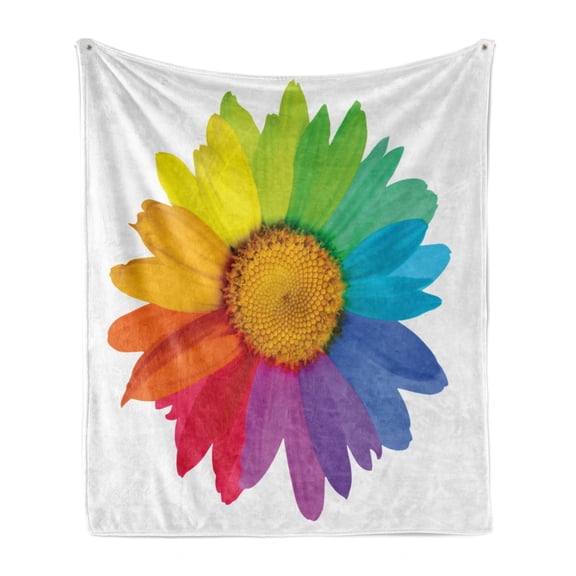 Flower Soft Flannel Fleece Blanket, Rainbow Colored Sunflower or Daisy Spring Inspired Image Hippie Style Modern Design, Cozy Plush for Indoor and Outdoor Use, 60" x 80", Multicolor, by Ambesonne
