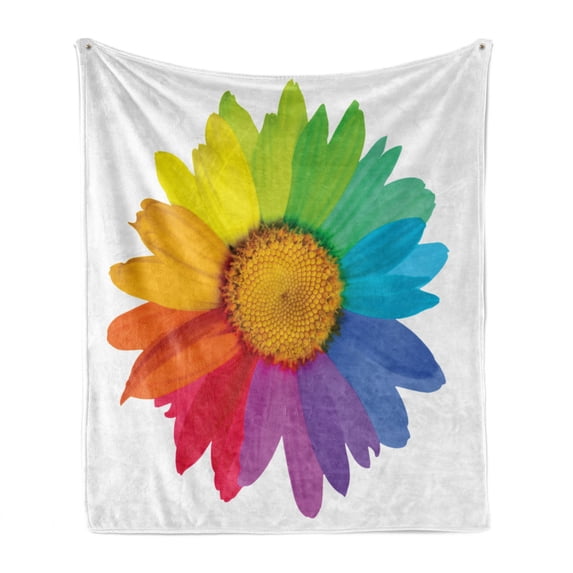 Flower Soft Flannel Fleece Blanket, Rainbow Colored Sunflower or Daisy Spring Inspired Image Hippie Style Modern Design, Cozy Plush for Indoor and Outdoor Use, 70" x 90", Multicolor, by Ambesonne