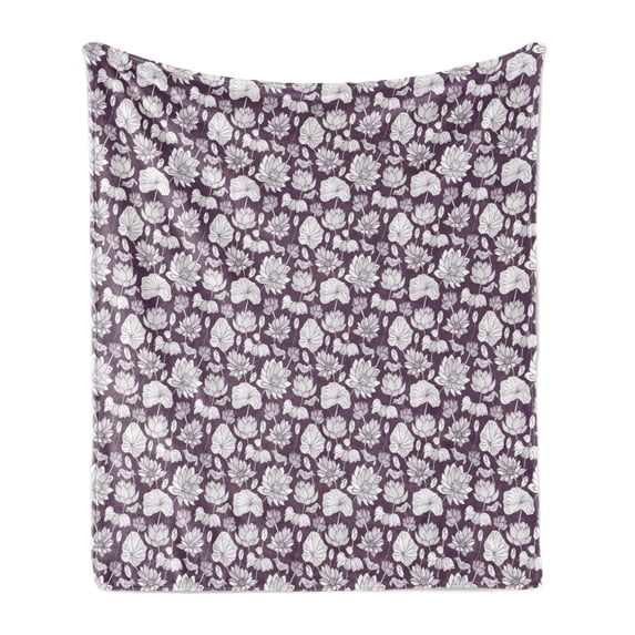 Flower Soft Flannel Fleece Blanket, Romantic Blossom Pattern Wedding Exotic Feminine Garden Petals with Contours, Cozy Plush for Indoor and Outdoor Use, 50" x 60", Eggplant and White, by Ambesonne