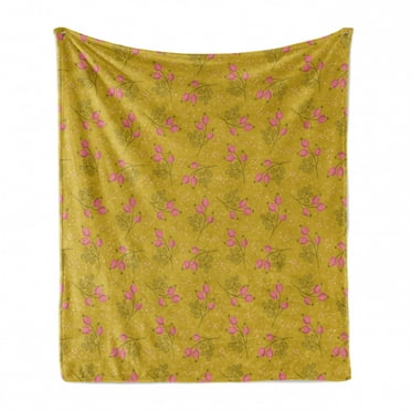 Flower Soft Flannel Fleece Blanket, Rose Buds with Earth Yellow Background Outline Leaves Ornamental Autumn, Cozy Plush for Indoor and Outdoor Use, 70" x 90", Earth Yellow and Pink, by Ambesonne