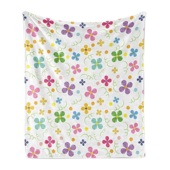 Flower Soft Flannel Fleece Blanket, Spring Inspired Sketch Art Style Daisy Blossoms and Dots in Lively Colors Fun Nature, Cozy Plush for Indoor and Outdoor Use, 70" x 90", Multicolor, by Ambesonne